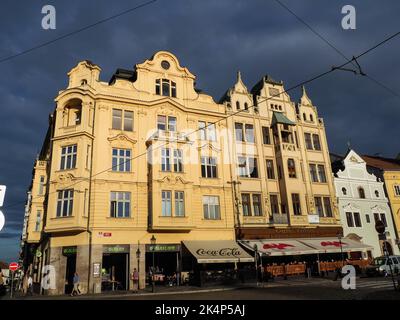 Pilsen, Tschechische Republik - 14. August 2018: Stadtzentrum und historische Gebäude Stockfoto