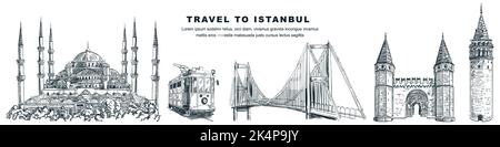 Reisen Sie nach Istanbul handgezeichnete Designelemente für Wahrzeichen. Vektor-Skizze Illustration der Blauen Moschee, Galata-Turm, Straßenbahn, Topkapi-Palast und Brücke. Fam Stock Vektor