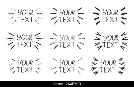 Doodle line Sunburst Vorlage für Text. Abstrakte Bleistift Zeichnung Banner Frames Vektor-Set. Splash, Scribble, künstlerische Illustration Elemente in Hand dra Stock Vektor