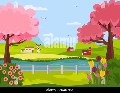 Ländliche Gartenlandschaft mit Fluss, Hügeln und Häusern. Dorfszene mit Zaun, Blumen und Bäumen. Vektorzeichnung. Stock Vektor