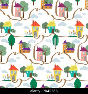 Bunte Häuser mit Bäumen und Blumen - nahtloses Muster. Vektorgrafik. Stock Vektor