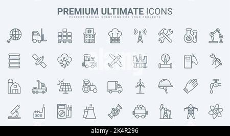 Symbole für dünne Linien in der Branche stellen Vektordarstellung dar. Skizzieren Sie Fabrikgebäude und Arbeiter, Gas und Öl, Energie- und Energieproduktion und Ressourcen, Roboterausrüstung und Pipeline des Produktionsunternehmens Stock Vektor