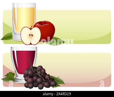 Ein Satz von Fruchtsaftbannern, eines mit Apfelsaft und Äpfeln, das andere mit Traubensaft und Trauben. Stock Vektor