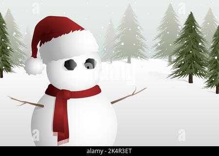 Ein süßer Schneemann mit weihnachtsmann-Hut und Schal, der in einem verschneiten Baumfeld steht Stock Vektor
