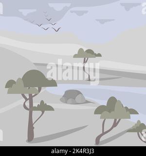 Malerei abstrakte Landschaft seltene Bäume wachsen auf Felsen Stock Vektor