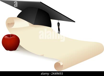 Ein leeres Diplom im Schriftstil mit einer Grad-Mütze und einem Apfel. Stock Vektor