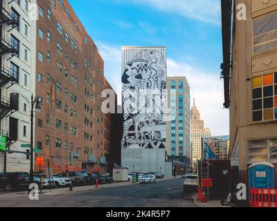 Detroit, Michigan - 10. Sep 2022: Landschaftsansicht der Downtown Detroit Gebäude an der Clifford St und Griswold St. Stockfoto