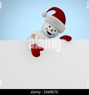 Schneemann mit Banner auf blauem Hintergrund. 3D Abbildung Stockfoto