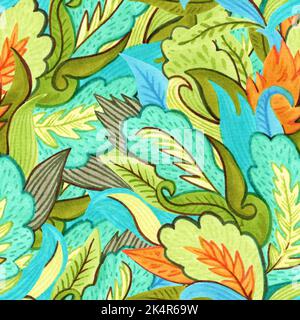Psychedelisch ornamentales Muster. Aquarell handgezeichnete Textur mit floralen und botanisch verzierten Formen und Motiven. Stockfoto