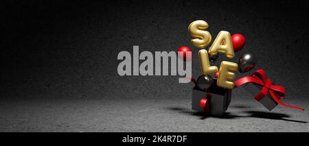 Sale-Banner auf schwarzem Hintergrund mit schwarzem Geschenkkarton, Ballons und Platz zum Anzeigen Ihres Textes. Hintergrund des Rabattsverkaufs, Online-Shopping-Banner, Stockfoto