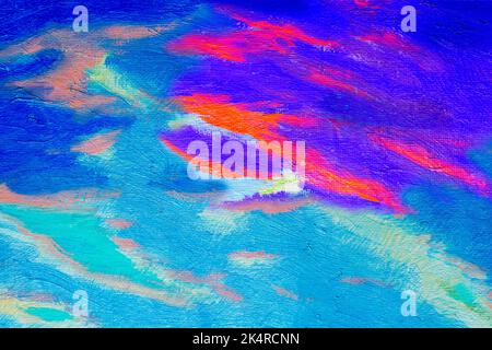 Abstrakt original Ölgemälde mit blauem Himmel und Wolkenhintergrund, moderne futuristische Muster, Farbflecken, moderne Kunst, zeitgenössische Kunsttextur, P Stockfoto