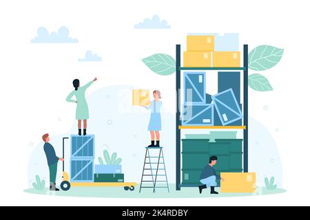 Vektorgrafik für Fabriklager und Lager. Cartoon kleine Menschen arbeiten mit Inventar und Lader, um Boxen mit Waren zu Regal des Regals, Distribution Lager Zentrum des Einzelhandels oder Großhandel zu heben Stock Vektor