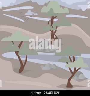 Malerei abstrakte Landschaft seltene Bäume wachsen auf Felsen Stock Vektor