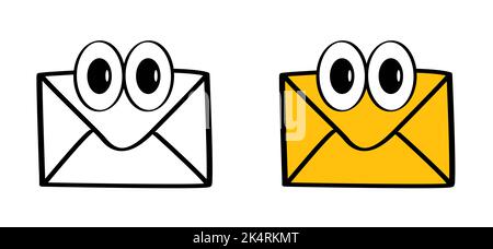 Lustige Cartoon-Charakter-Umschläge. Briefkasten oder Briefkastenschild. Vektorpostkarte, Umschlagsymbol. Cartoon Brief Mail offen. Smile Emoticons oder Emoji Stockfoto