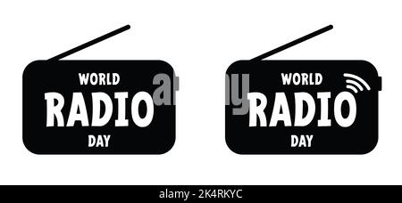 Cartoon tragbares Radio-Symbol mit Antennensilhouette. Vektor-Piktogramm oder Logo für Welt Radio Tag. Hören Sie den Radiosender. Podcast oder Rundfunk Stockfoto