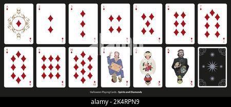 Halloween Poker Spielkarten. Diamanten. Geister und Schädel. Abbildung auf weißem Hintergrund. Stockfoto