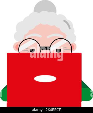 Alte Frau mit rotem Laptop, Illustration, Vektor auf weißem Hintergrund. Stock Vektor
