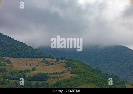 Bergkette bedeckt mit Wald und Wiesen an einem nebligen Tag, unter tief hängenden Wolken, im Sommer. Berggipfel mit Wolken bedeckt. Stockfoto