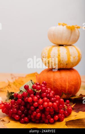 Rote Viburnum und orangefarbene Kürbisse auf dem Tisch Herbst Stockfoto