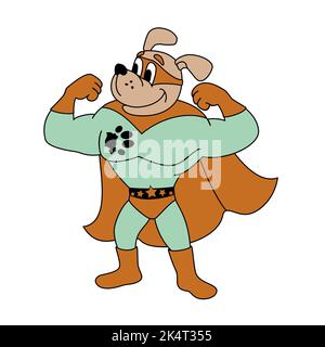 Illustrationen eines niedlichen rotweller -braun, Hund, stehend, gekleidet, Superman, cape, Cartoon, Superheld, Vektor, Hintergrund, Pose, lustig, isoliert, Stockfoto