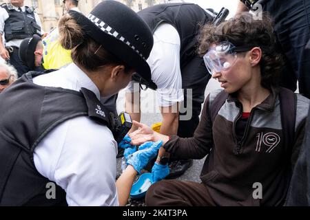 Die Polizei hilft Demonstranten der Gruppe Animal Rebellion, die in Westminster eine Straße blockiert hatte, um eine pflanzenbasierte Zukunft zu fordern, die sich am 5.. September 2022 in London, Großbritannien, zusammengeschlossen hatte. Extinction Rebellion ist eine 2018 gestartete Gruppe zum Klimawandel, die eine große Gruppe von Menschen gewonnen hat, die sich friedlichen Protesten verschrieben haben. Diese Proteste zeigen, dass die Regierung nicht genug tut, um katastrophale Klimaänderungen zu vermeiden und die Regierung zu fordern, radikale Maßnahmen zur Rettung des Planeten zu ergreifen. Stockfoto