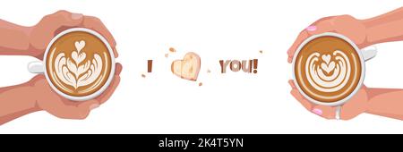 Banner mit Frauen- und Männerhänden, die Kaffeetassen mit Latte Art halten. Cappuccino-Crema in Herzform. Draufsicht. Flache Cartoon-Illustration. Valenti Stock Vektor