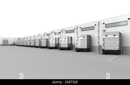 3D Rendering Lagerhaus außen mit Rolltüren und LKW-Parkplätze Stockfoto
