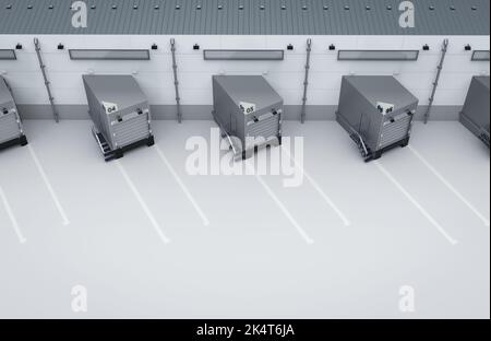 3D Rendering Lagerhaus außen mit Rolltüren und LKW-Parkplätze Stockfoto