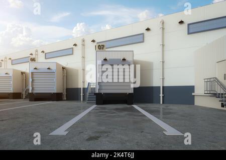 3D Rendering Lagerhaus außen mit Rolltüren und LKW-Parkplätze Stockfoto