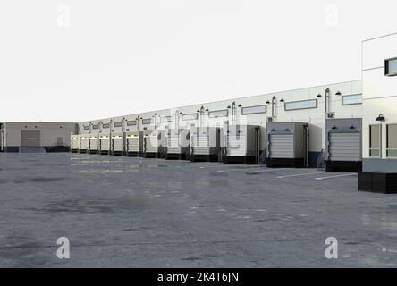 3D Rendering Lagerhaus außen mit Rolltüren und LKW-Parkplätze Stockfoto