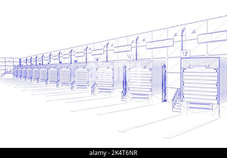 3D Erstellung einer Blaupause des Außenlagers mit Rolltüren und LKW-Parkplätzen Stockfoto