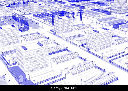 3D Entwurf eines Industrieparks mit Infrastrukturentwicklung Stockfoto