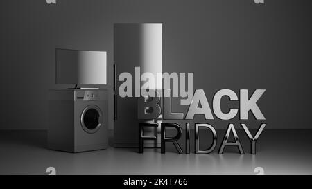 Black Friday für Haushaltsgeräte Konzept. Eine dunkle Waschmaschine, fernseher und Kühlschrank auf schwarzem Hintergrund mit dem Text „Schwarzer Freitag“ davor. Stockfoto