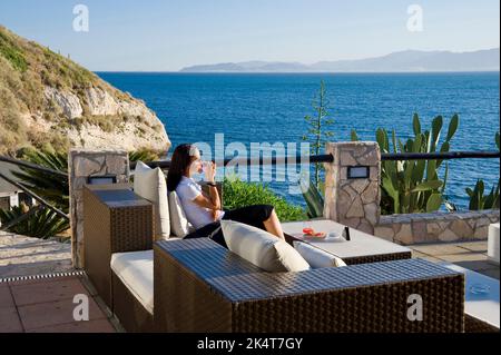 La Paillotte, Capo Sant'Elia, Cagliari, (Landschaft von Sella del Diavolo), Sardinien, Italien Stockfoto