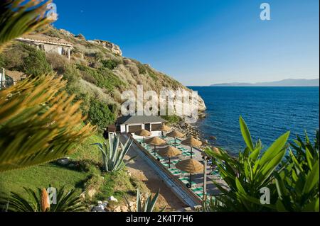 La Paillotte, Capo Sant'Elia, Cagliari, (Landschaft von Sella del Diavolo), Sardinien, Italien Stockfoto