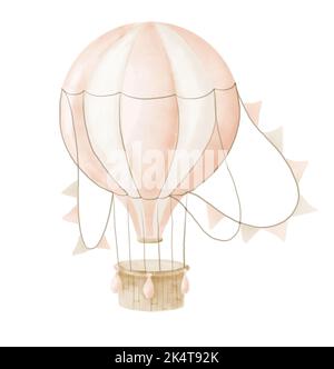 Aquarell rosa heißer Luftballon mit Korb und Wimpern. Handbemalte Illustration für Kinder Design im Cartoon-Stil. Oldtimer-Flugzeug mit Stockfoto