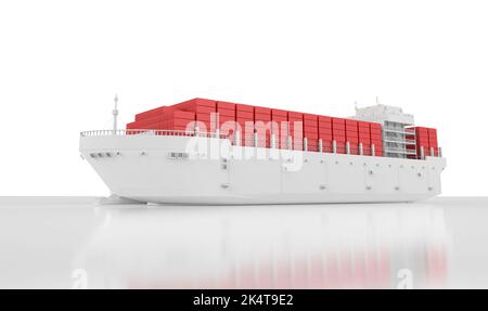 3D Rendering weißes Frachtschiff oder Schiff mit roten Containern auf weißem Hintergrund Stockfoto