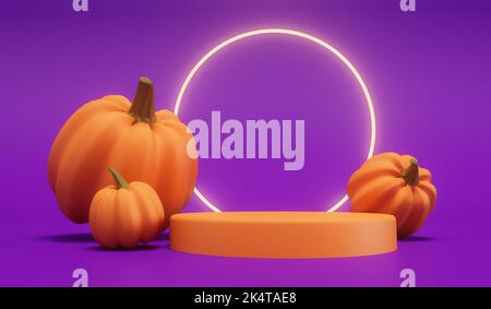 Halloween Kürbisse mit einem neon leuchtenden Licht vor einem lila Hintergrund. 3D Rendering Stockfoto