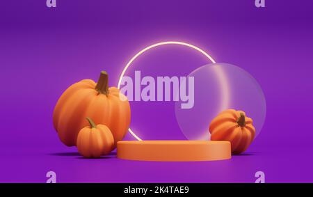 Halloween Kürbisse mit einem neon leuchtenden Licht vor einem lila Hintergrund. 3D Rendering Stockfoto