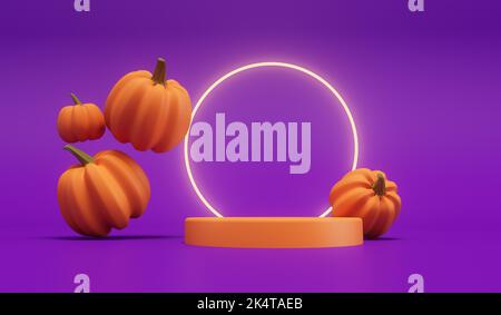 Halloween Kürbisse mit einem neon leuchtenden Licht vor einem lila Hintergrund. 3D Rendering Stockfoto