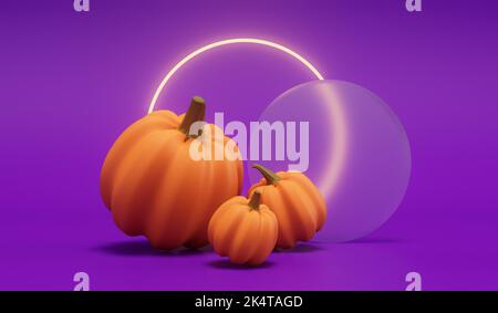 Halloween Kürbisse mit einem neon leuchtenden Licht vor einem lila Hintergrund. 3D Rendering Stockfoto