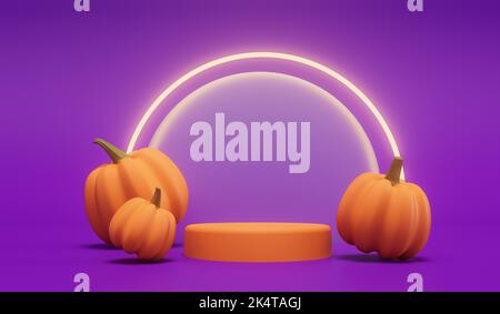 Halloween Kürbisse mit einem neon leuchtenden Licht vor einem lila Hintergrund. 3D Rendering Stockfoto