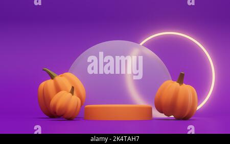 Halloween Kürbisse mit einem neon leuchtenden Licht vor einem lila Hintergrund. 3D Rendering Stockfoto