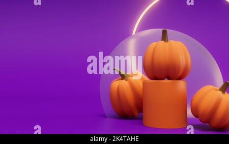 Halloween Kürbisse mit einem neon leuchtenden Licht vor einem lila Hintergrund. 3D Rendering Stockfoto