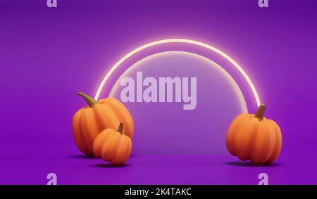 Halloween Kürbisse mit einem neon leuchtenden Licht vor einem lila Hintergrund. 3D Rendering Stockfoto