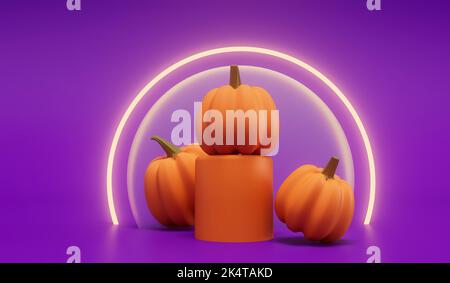 Halloween Kürbisse mit einem neon leuchtenden Licht vor einem lila Hintergrund. 3D Rendering Stockfoto