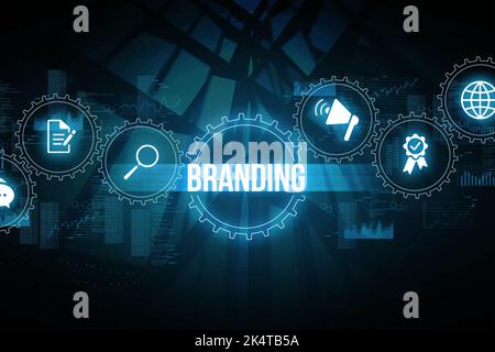 Branding-Konzept. Marketingstrategie zur Förderung des Unternehmens. Hologramm und Symbole. Stockfoto