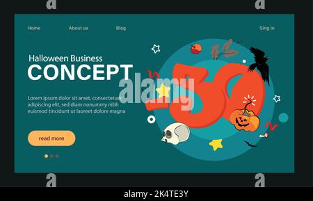 Happy Halloween Party Website Design. Landing Page Template mit Symbolen der Halloween-Party. Flache Cartoon Vektor Einladung Illustration für Website-Seite. Vektorgrafik Stock Vektor