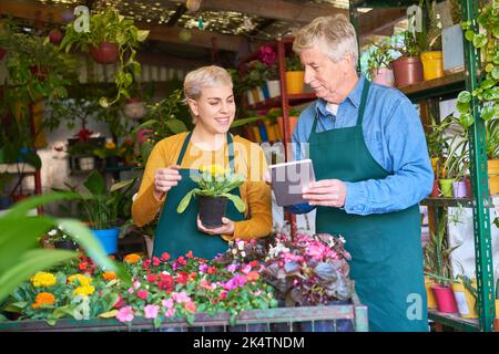 Gärtner als Chef und junger Blumenhändler, der Inventar- und Qualitätskontrolle im Blumenladen macht Stockfoto