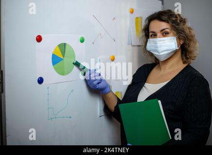 Eine junge, fröhliche Angestellte, ein Unternehmensanwalt, eine Frau in einer Maske und Handschuhen, die in einem Büro arbeiten, zeigen Papierbuchhaltungsdokumente auf einem Markierungsplatine. I Stockfoto
